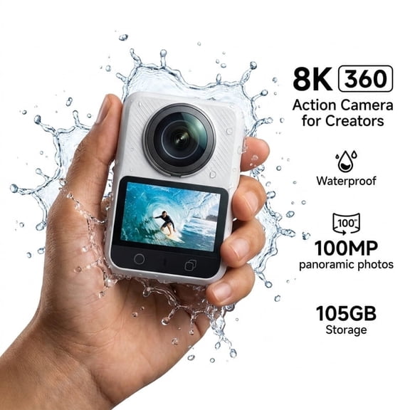 Xtra Sphra360 Panoramic 8K 1.78x 100 MP Action Camera with USB-C Cable, Battery, Lens Protector, Carrying Bag, White