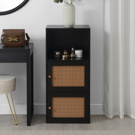 Xtra Storage Boho Weave Two-Door Cabinet with Shelf in Black Wood Finish