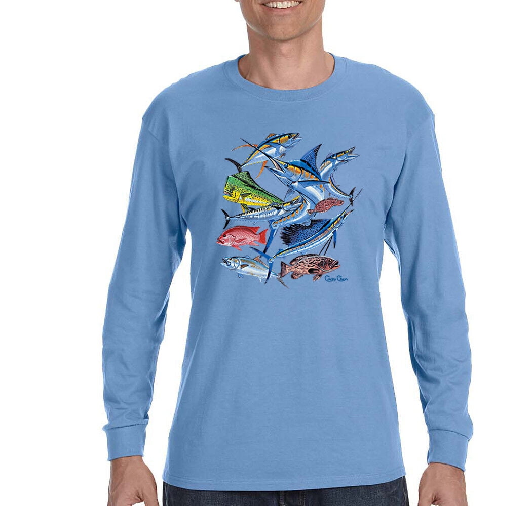 XtraFly Apparel Mens Saltwater Fish Collage Marlin Tuna Swordfish Fishing  Long Sleeve T-Shirt