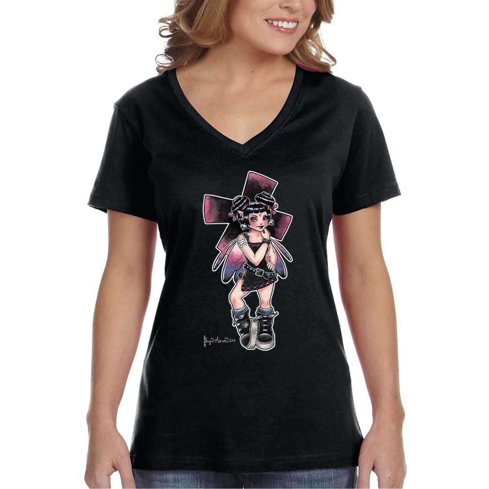 XtraFly Apparel Women's Jinx Fairy Sprite Elf Emo Goth Fantasy V-neck  T-shirt 