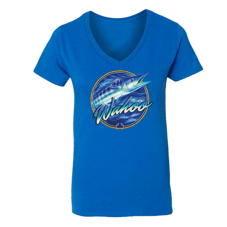 XtraFly Apparel Womens Blue Wahoo Saltwater Fish Fishing Fisherman Lure  Gift V-Neck T-Shirt 