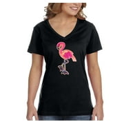 XtraFly Apparel Womens Flamingo Vacation Tropical Sparkle Gift Sequin Sequined V-Neck T-Shirt
