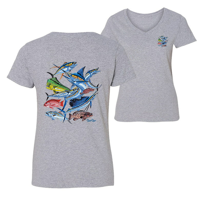 XtraFly Apparel Womens Saltwater Fish Collage Marlin Swordfish Snapper  Fishing V-Neck T-Shirt