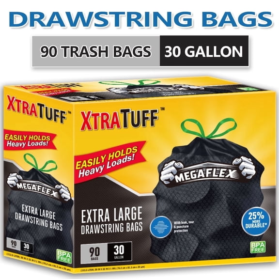 Megatuff MegaFlex 30 Gallon Kitchen Drawstring Trash Bags – 90 Count, Black, Unscented, Heavy Duty with Leak & Tear Protection