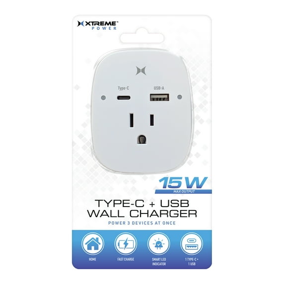 Xtreme 15W 3-in-1 White Wall Charger, Type-C, USB-A, 1 Outlet tap, Power Three devices at once