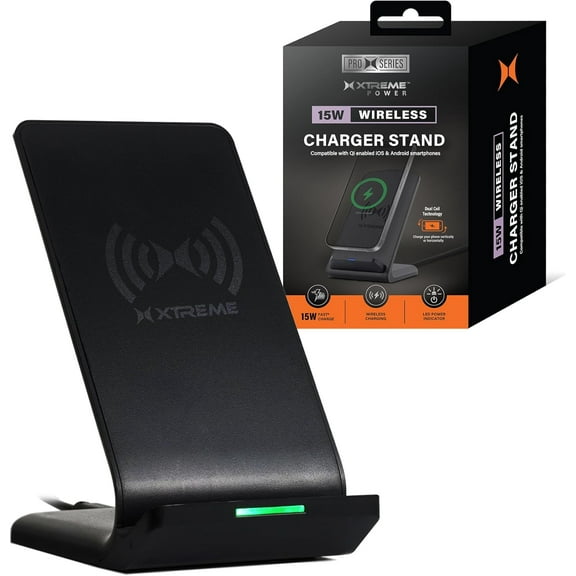 Xtreme 15W Wireless Phone Charging Stand, Charges in Portrait and Landscape, LED Charging Indicator, USB C Power Cable, QI Enabled