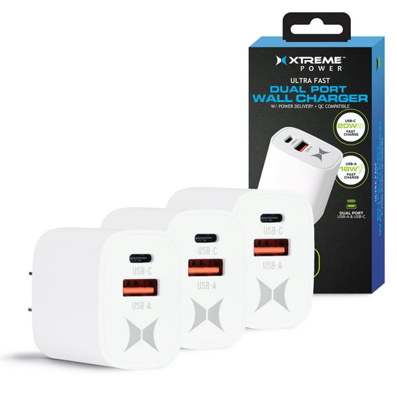 Xtreme 3-Pack Dual Port Quick Charging Wall Charger, 20W USB-C & 18W USB-A Fast Chargers, QC and PD, Ultra-Fast Wall Charger Compatible with iPhone, iPad, Samsung Galaxy, Google Pixel, Smart Watches