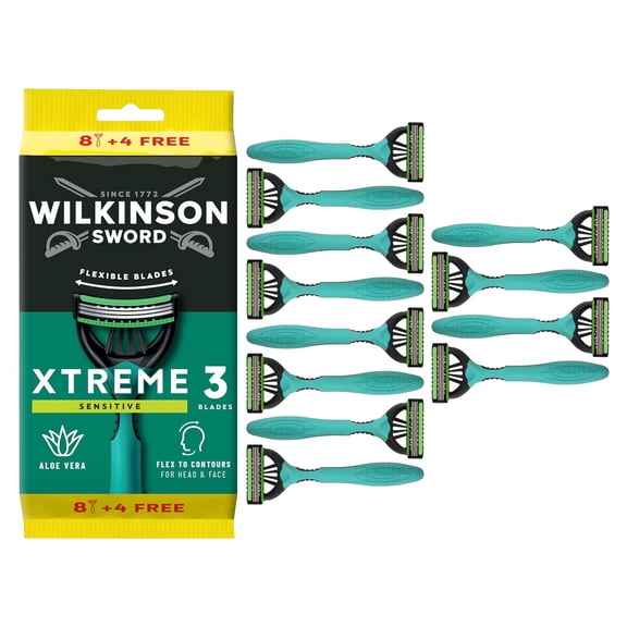 Xtreme 3 Sensitive, Pack of 8 + 4 Disposable Razors with a Lubricating Band of Vitamin E and Aloe Vera, Optimal for Facial Care and Softness