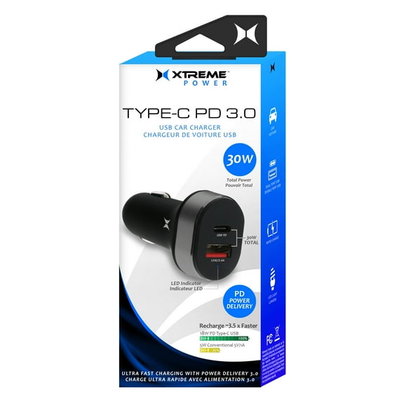 Xtreme 30W Power Delivery 3.0 Fast Charger Car Charger, 2 Device Ports: Type-C and USB-A