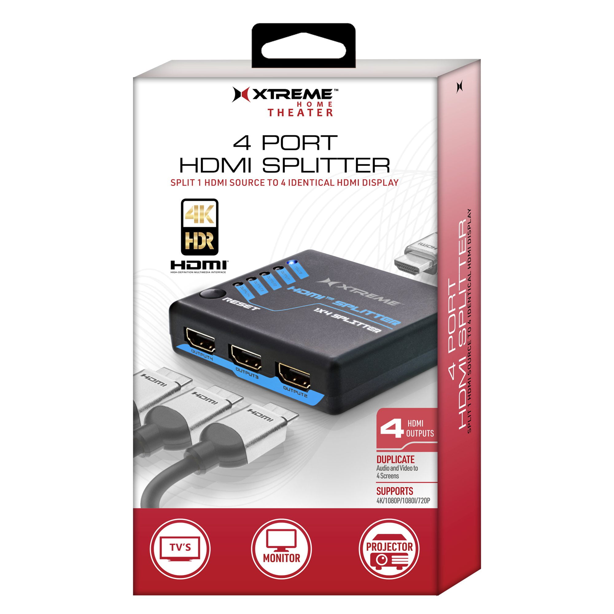 Xtreme 4-Port High Speed Black HDMI Splitter For HDTVs Monitors and  Projectors, Adapter Included 