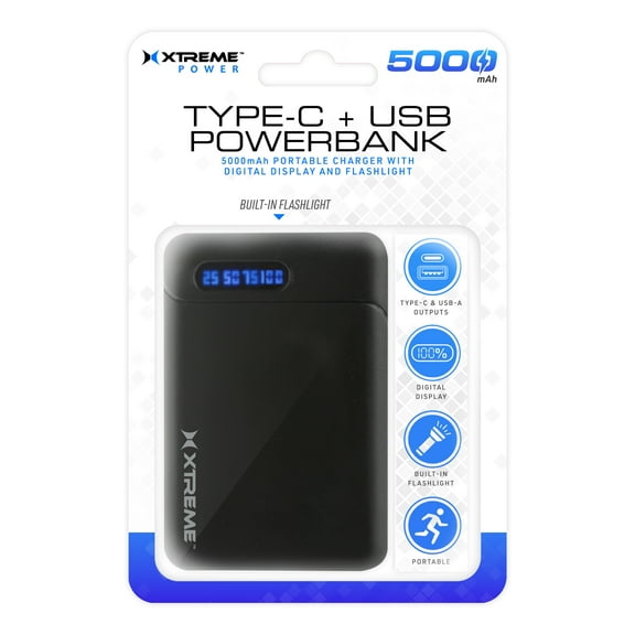 Xtreme 5000 mAh Portable Power Bank For Type-C and USB Devices, Rechargeable, Black