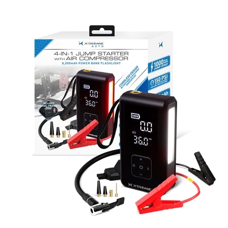 Xtreme Auto 4-in-1 Jump Starter with Air Compressor, 1000 Peak Amps Car Battery Booster, 150 PSI Tire Inflator, 8000mAh Portable Power Bank, LED Flashlight, USB-C Rechargeable