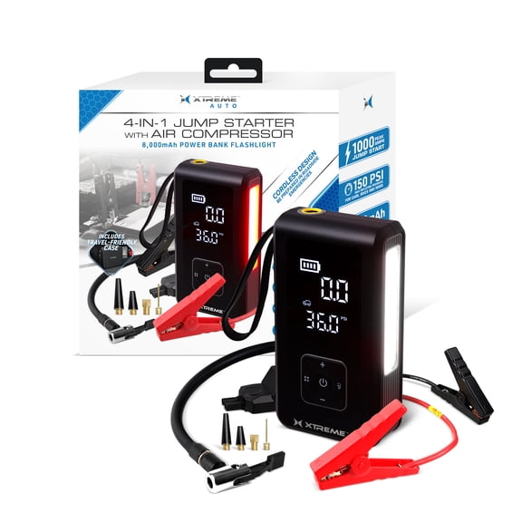 Xtreme Auto 4-in-1 Jump Starter with Air Compressor, 1000 Peak Amps Car Battery Booster, 150 PSI Tire Inflator, 8000mAh Portable Power Bank, LED Flashlight, USB-C Rechargeable
