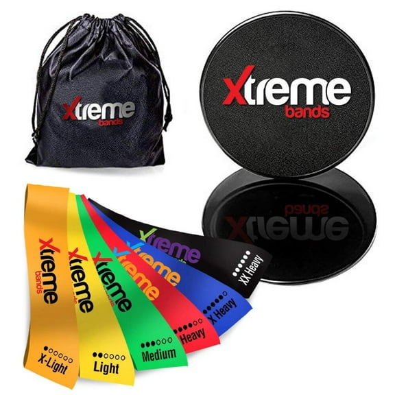 Xtreme Bands | Resistance Bands & Core Exercise Sliders Set | 6 Durable Non-Slip Latex Bands (x-Light xx- Heavy) with 2 Dual-Sided Abs Glider Workout Discs | Includes Black Carry Case
