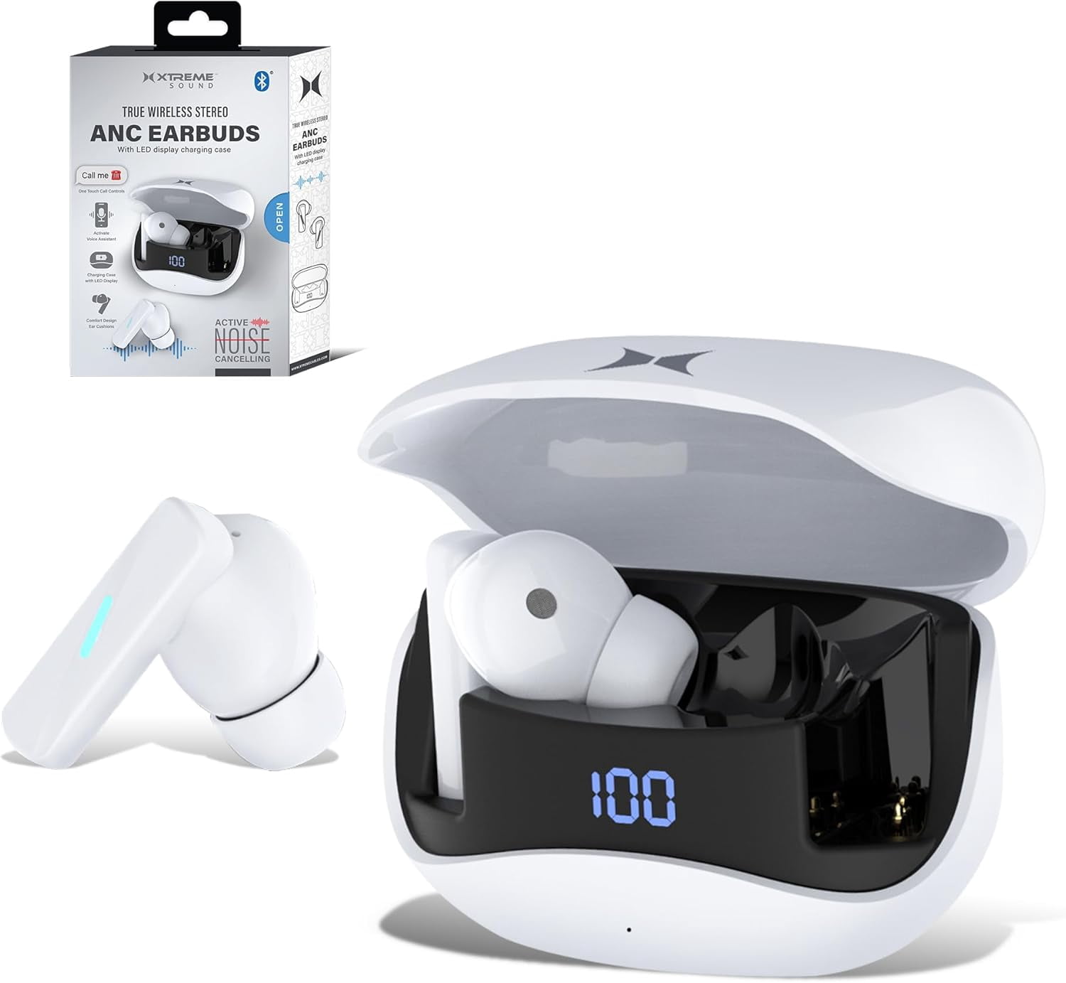 Xtreme Bluetooth Earbuds with True Wireless Stereo and Active Noise Cancelation, Charging Case with LED Display, up to 4 Hour Play Time, USB C Charging, Microphone, One Touch Controls (White)