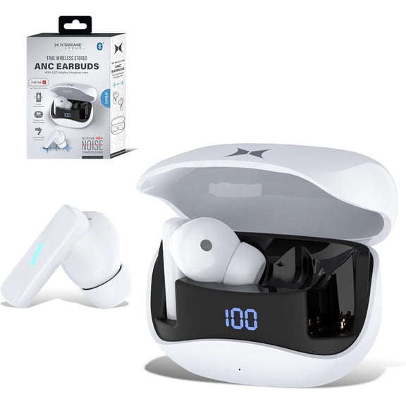 Xtreme Bluetooth Earbuds with True Wireless Stereo and Active Noise Cancelation, Charging Case with LED Display, up to 4 Hour Play Time, USB C Charging, Microphone, One Touch Controls (White)
