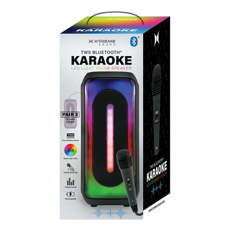 Xtreme Bluetooth Karaoke LED Light Show Speaker – TWS Pairing, Multi-Color LED, 9.84ft Wired Mic, USB-C Rechargeable, 33ft Range, Black