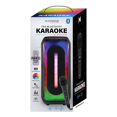 Xtreme Bluetooth Karaoke LED Light Show Speaker – TWS Pairing, Multi-Color LED, 9.84ft Wired Mic, USB-C Rechargeable, 33ft Range, Black