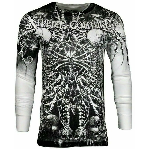 Xtreme Couture by Affliction Men's Thermal Shirt CATACOMBS Skull Biker White