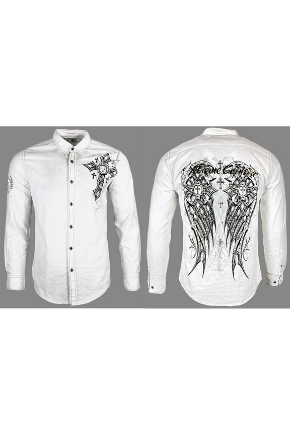 by Affliction Men's Button Down Shirt DARKNESS White Biker