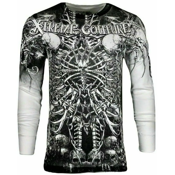 Xtreme Couture by Affliction Men's Thermal Shirt CATACOMBS Skull Biker White