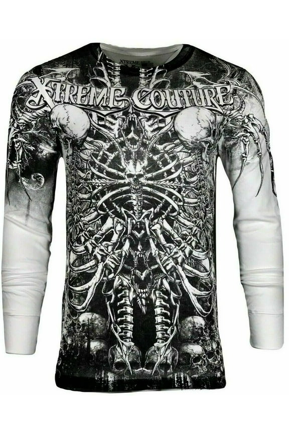 by Affliction Men's Thermal Shirt CATACOMBS Skull Biker White