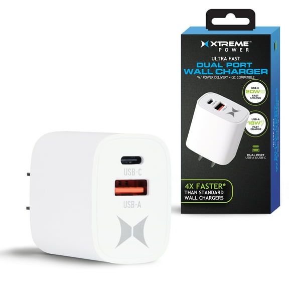 Xtreme Dual Port Quick Charging Wall Charger, 20W USB-C & 18W USB-A Fast Chargers, QC and PD, Ultra-Fast Wall Charger Compatible with iPhone, iPad, Samsung Galaxy, Google Pixel, Smart Watches, & More