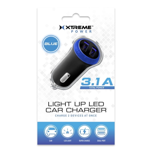 Xtreme Dual Port USB LED Blue Light Car Charger, 3.1 Amps, Repower Compatible Devices