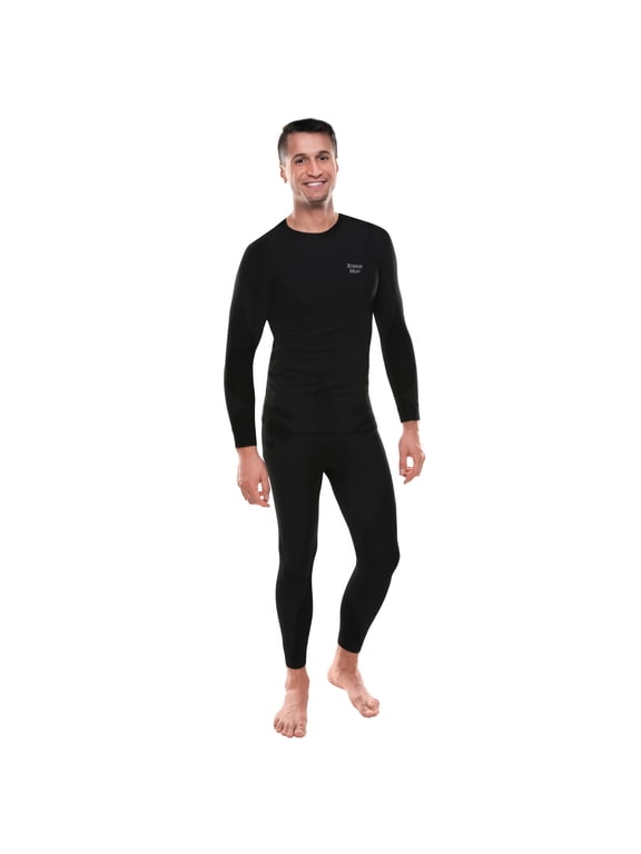 Mens Thermal Underwear Set Insulated Shirt & Long Johns, Black Large