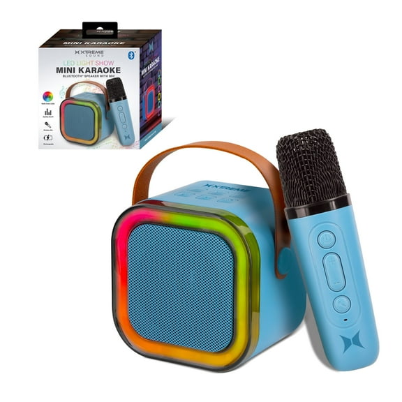 Xtreme LED Mini Karaoke Bluetooth Speaker & Mic, Multiple Light Show Modes, Wireless Microphone, Karaoke Filters, TF Card Reader, Control Buttons on The Mic & Speaker, 10-Foot Bluetooth Range (Blue)