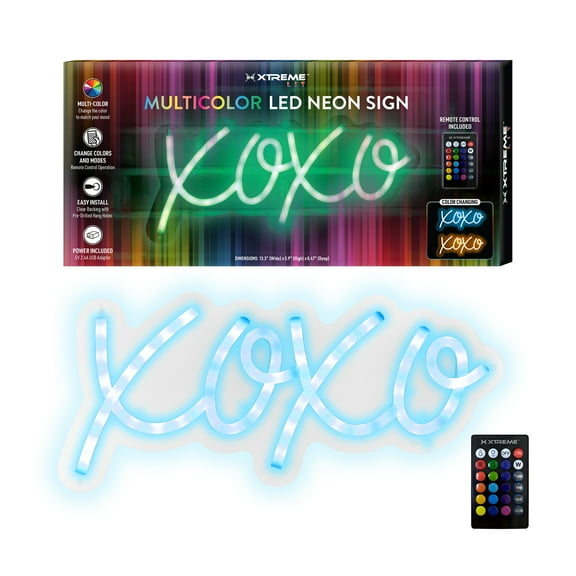 Xtreme Lit 13.3" x 5.9" 'XOXO' Multi-Color LED Neon Sign, Plastic Hanging Wall Art, Remote Control, 1.3 lb