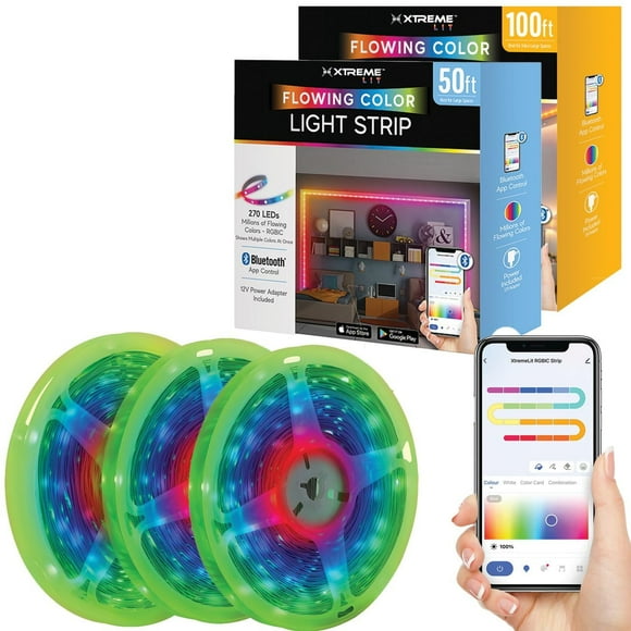 Xtreme Lit 150ft Bluetooth LED Light Strips, Flowing Color Effect, App Use, Indoor, Corded Electric