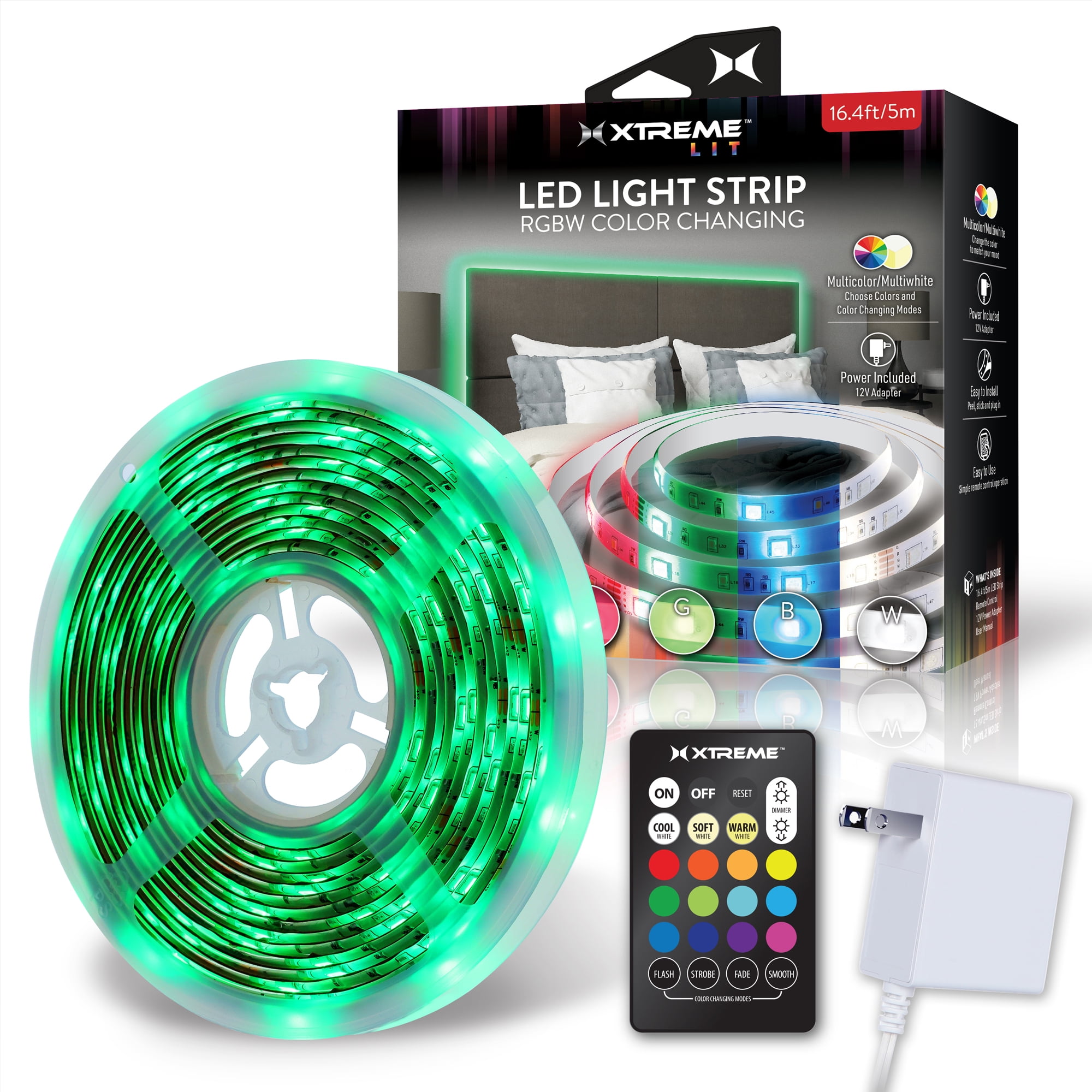 Xtreme Lit 32.8ft RGBW Color-Changing Indoor Light Strip, Remote Control, Powered by 12V Adapter - Walmart.com