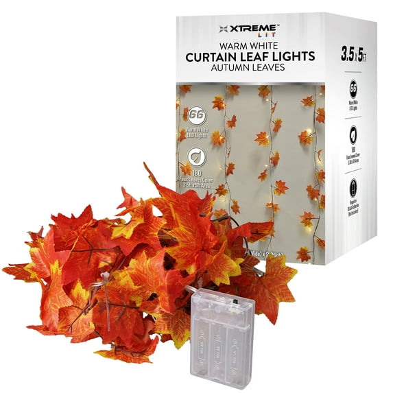 Xtreme Lit 5ft Curtain Vine White Indoor LED Lights, Autumn Leaves, 3 AAA Required, Corded Electric
