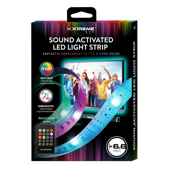 Xtreme Lit 6.5ft Sound Reactive Indoor LED Light Strip, 8 Color Modes, Back Adhesive, USB Powered