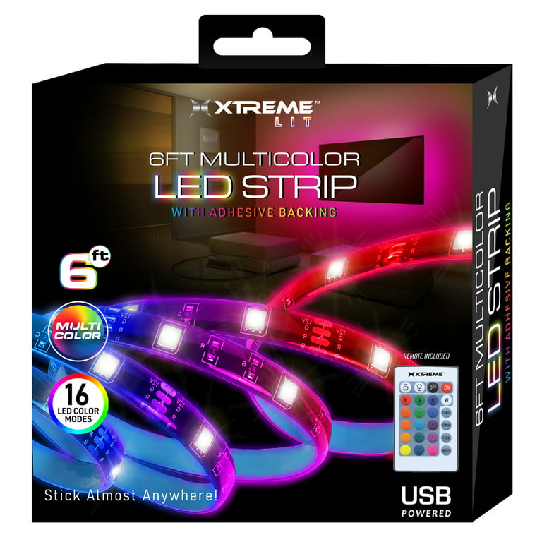 Xtreme Lit 6ft Multicolor LED Light Strip, Customizable, USB-Powered,  Remote Included