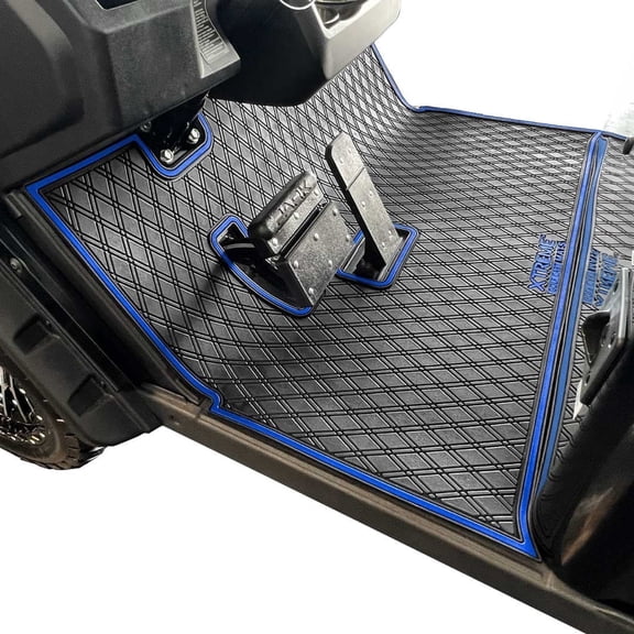 Xtreme Mats Full Coverage Golf Cart Floor Mat Liner - Fits EZGO S2 or S4 2022 (Hexagon flooring) with new Cushman Hauler style dash - Blue Trim