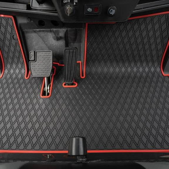 Xtreme Mats Yamaha Drive2 Golf Cart Mat, Full Coverage Golf Cart Floor Liner Mat - Fits Yamaha Drive2 Models Only (2017-2022 )& UMAX Rally 4x4 - Black with Red Trim