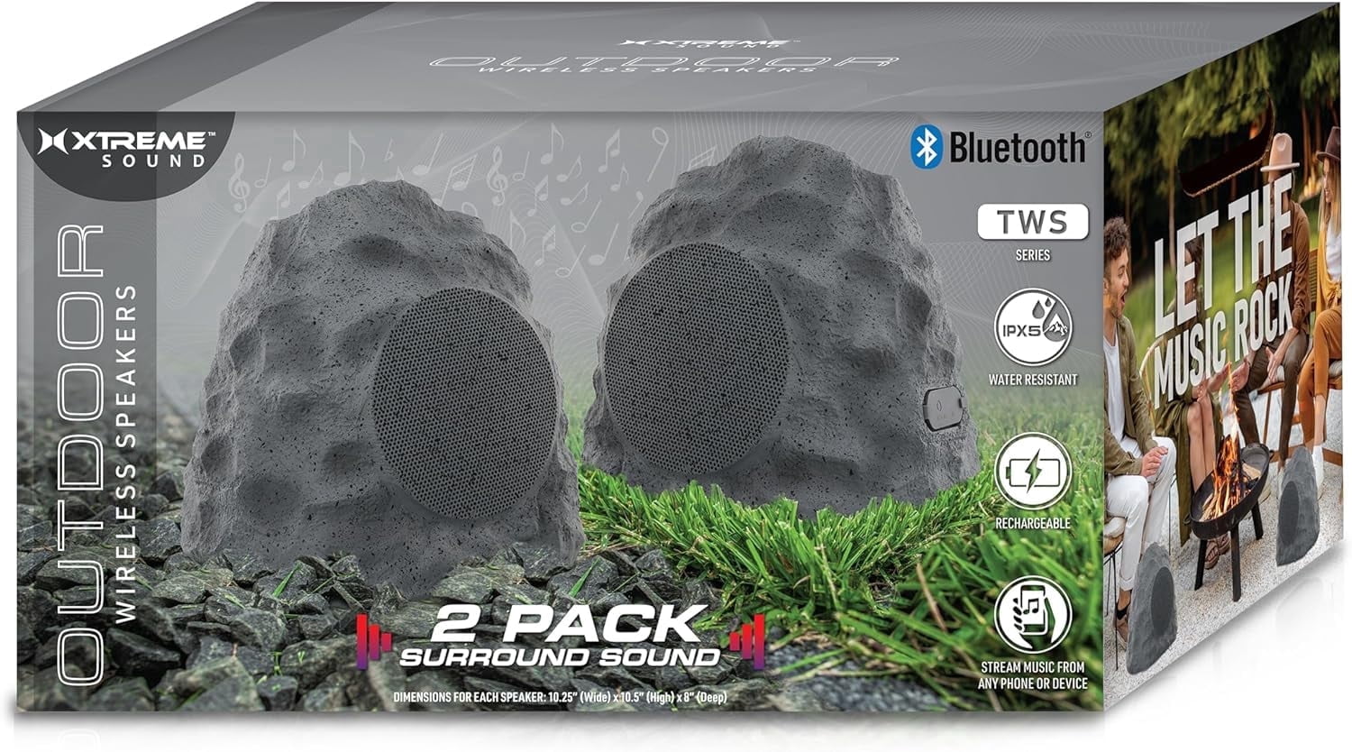 Xtreme Outdoor Bluetooth Rock Speakers 2 Pack, Camouflaged Wireless Speakers, IPX5 Water-Resistant, True Wireless Stereo, Aux Port, 33 Foot Bluetooth Range, Rechargeable up to 6 Hour Play Time