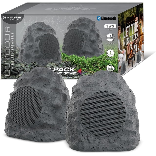Xtreme Outdoor Bluetooth Rock Speakers 2 Pack, Camouflaged Wireless Speakers, IPX5 Water-Resistant, True Wireless Stereo, Aux Port, 33 Foot Bluetooth Range, Rechargeable up to 6 Hour Play Time