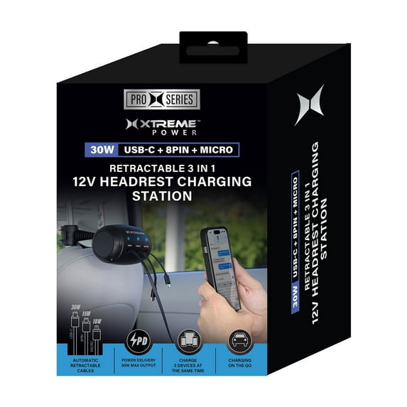 Xtreme Power 30W Retractable 3-in-1 12V Headrest Charging Station – USB-C, 8PIN & Micro, Automatic Cable Management, Car Charger for Backseat Passengers, Ride Sharing, SUVs & Vans, Pro Series,