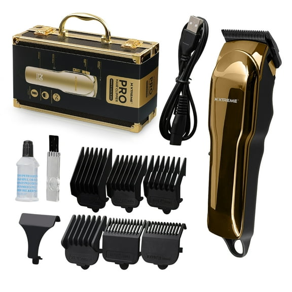 Xtreme Pro Cordless Hair Clipper - Diamond Like Coating and Graphite Blades, 240 Mins Run Time, 6 Guide Combs w/ Travel Case for Men, Gold