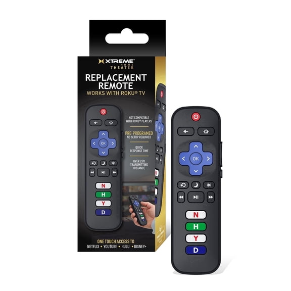 Xtreme TV Replacement Remote Control, Universal IR Remote for Roku Smart TVs, Pre-Programmed, No Setup Required, Netflix Hulu YouTube Disney+ Shortcut Buttons, Black