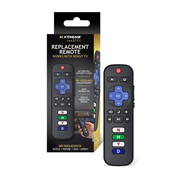 Xtreme Roku TV Replacement Remote Control, Universal IR Remote for Roku Smart TVs, Pre-Programmed, No Setup Required, Netflix Hulu YouTube Disney+ Shortcut Buttons, Black
