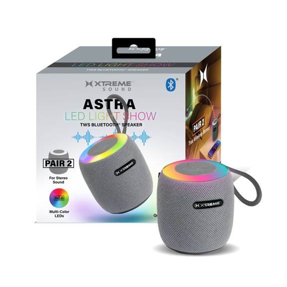 Xtreme Sound Astra LED Light Show Bluetooth Speaker, Portable Wireless Speaker with RGB LED Lights, 5W Audio, TWS Stereo Pairing, USB & TF Card Music Playback Gray