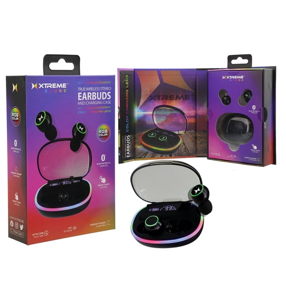 Xtreme Sound True Wireless Stereo Earbuds with Charging Case, Color Changing LEDs, RGB Color, Bluetooth 5.3 Wireless, Smart Touch Control, Up to 5 Hours Playtime, Android & iPhone Compatible