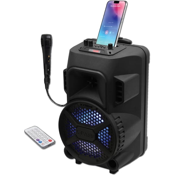 Xtreme Tailgate Speakers with Wired Microphone, Rechargeable Rolling Bluetooth Speaker with 18 inch Telescopic Handle, Echo Function, Built-in Controls, Phone Stand, USB & TF Card Reader, Aux Port