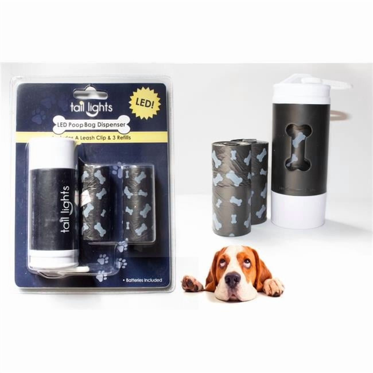 Tail Lights LED Poop Bag Dispenser with Leash Clip & 3 Refills (30 Bags Total), Multiple Colors Available
