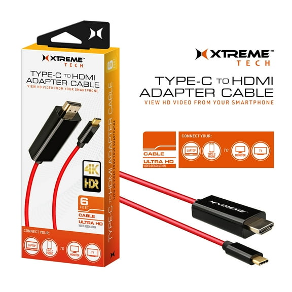 Xtreme USB-C to HDMI Cable, Male to Male, 6 Foot Cord, 4K Ultra HD Resolution, 4K x 2K @30hz (3840 x 2160HD), 8 Channel Digital Audio, Screen Mirror Your Phone, Tablet, Laptop, to TV or Monitor