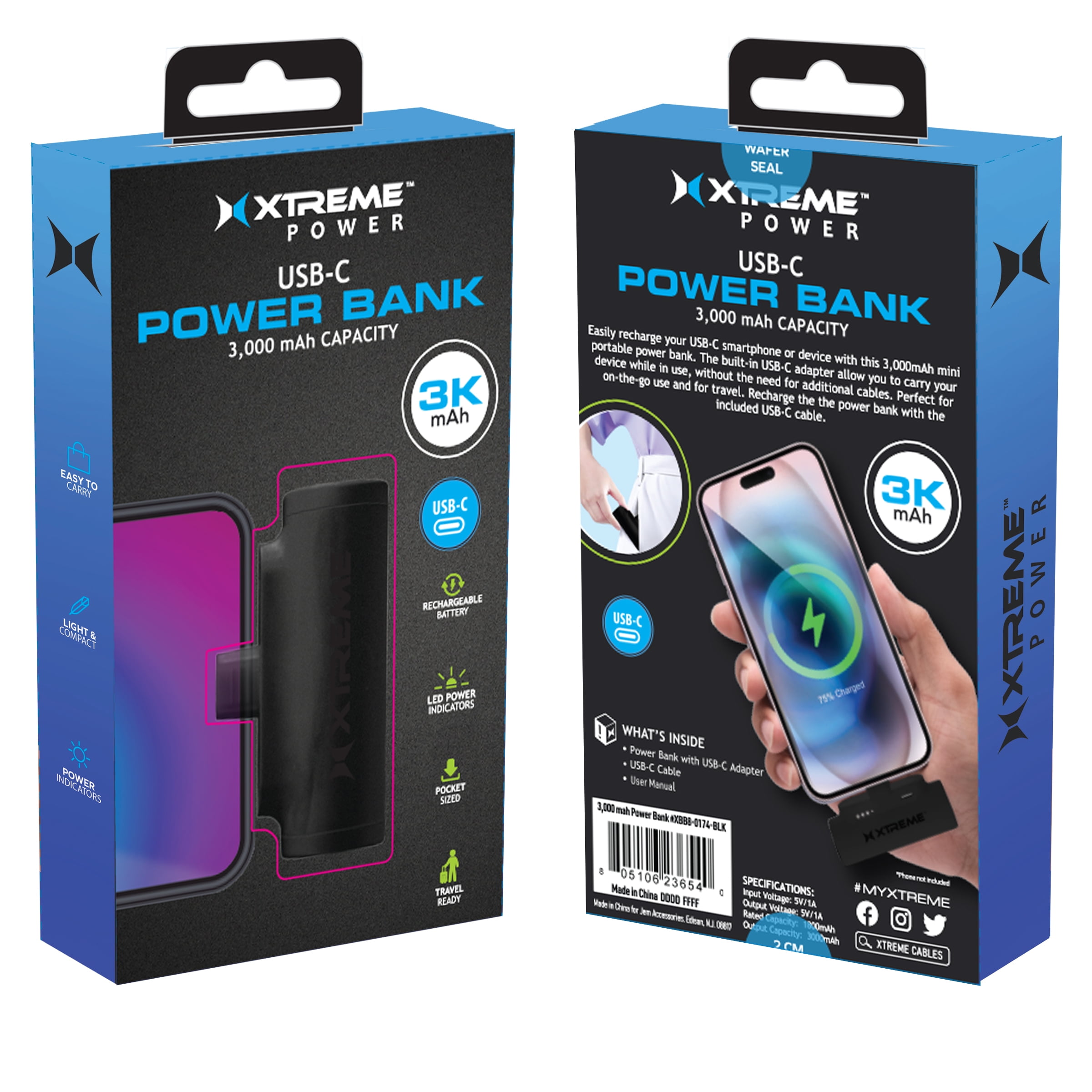 Xtreme USB-C Portable Power Bank, 3,000mAh Capacity, Rechargeable Battery, LED Power Indicator, Pocket-Sized, Travel-Ready, Black